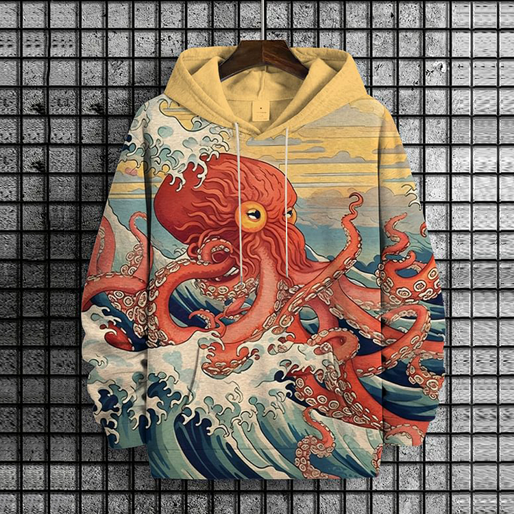 Comstylish Men's Octopus In The Waves Japanese Art Print Hoodie