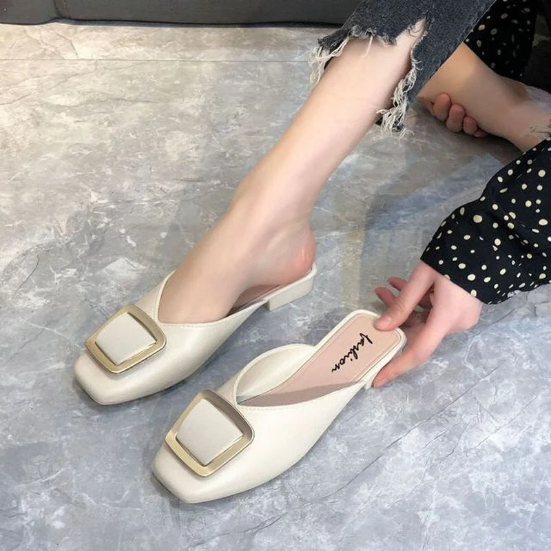 Women's Low Heel Ladies Summer Sexy Square Toe Button Slippers Slip on Leisure Woman Shoes Fashion Feminine Slippers Mules Shoes