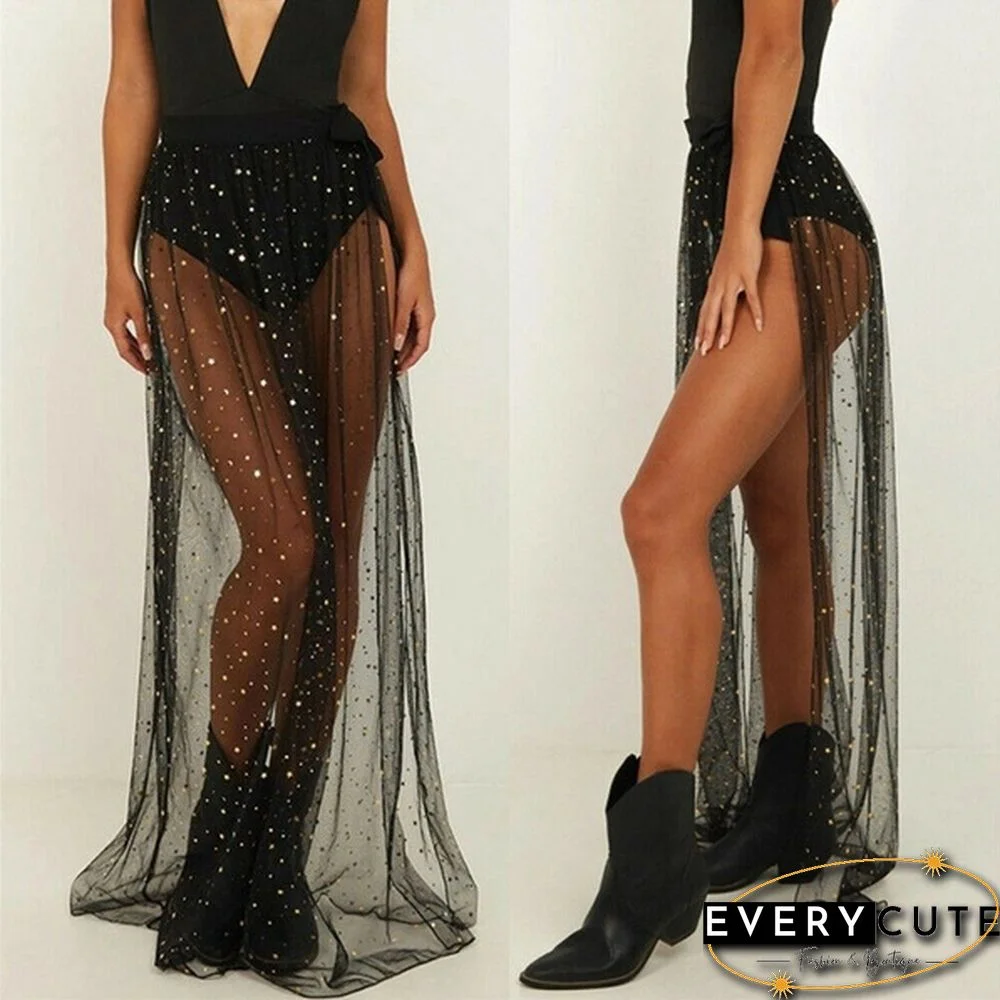 Women Sequin Mesh Skirt Split Paillette Bandage Long Skirts Black Oversized Summer Fashion