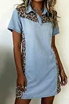 Women's Denim Block Leopard Patchwork Shirt Collar T Shirt Mini Dress