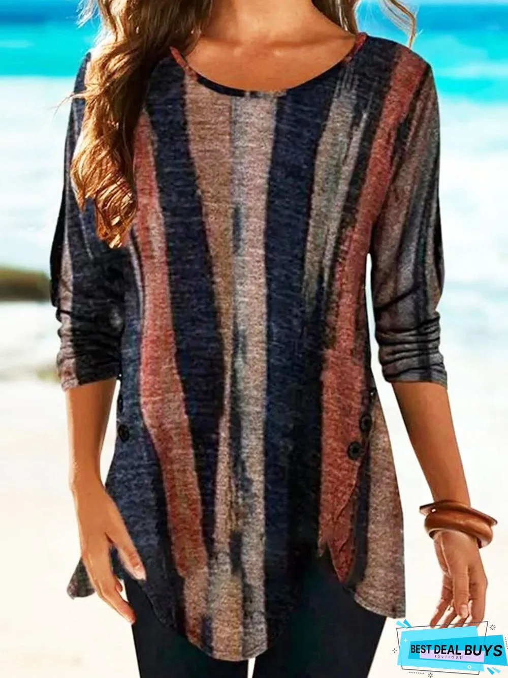 Brown Stripes Printed Casual Long Sleeve Shift Tunic Top