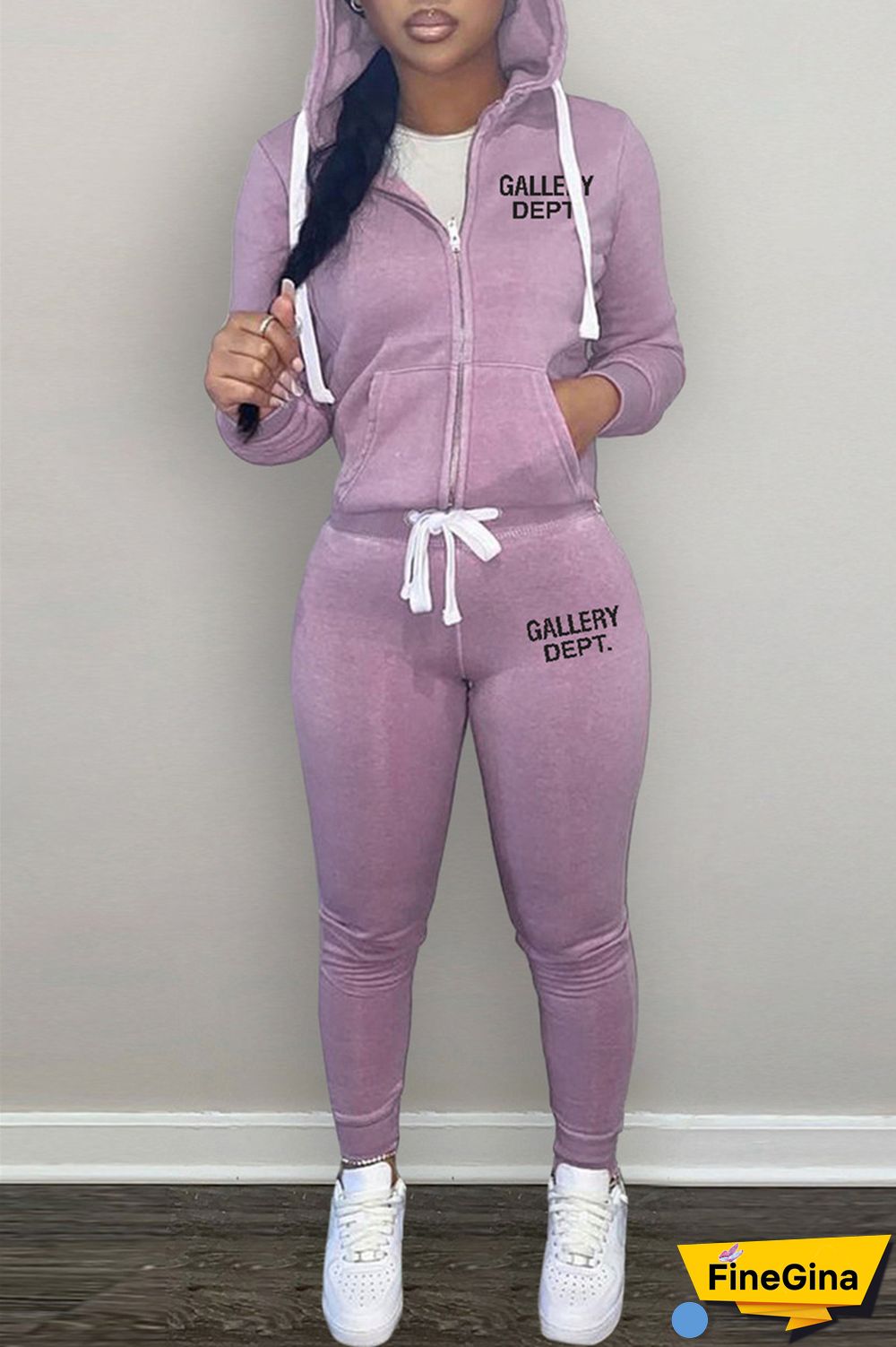 Grey Casual Letter Print Patchwork Hooded Collar Long Sleeve Two Pieces