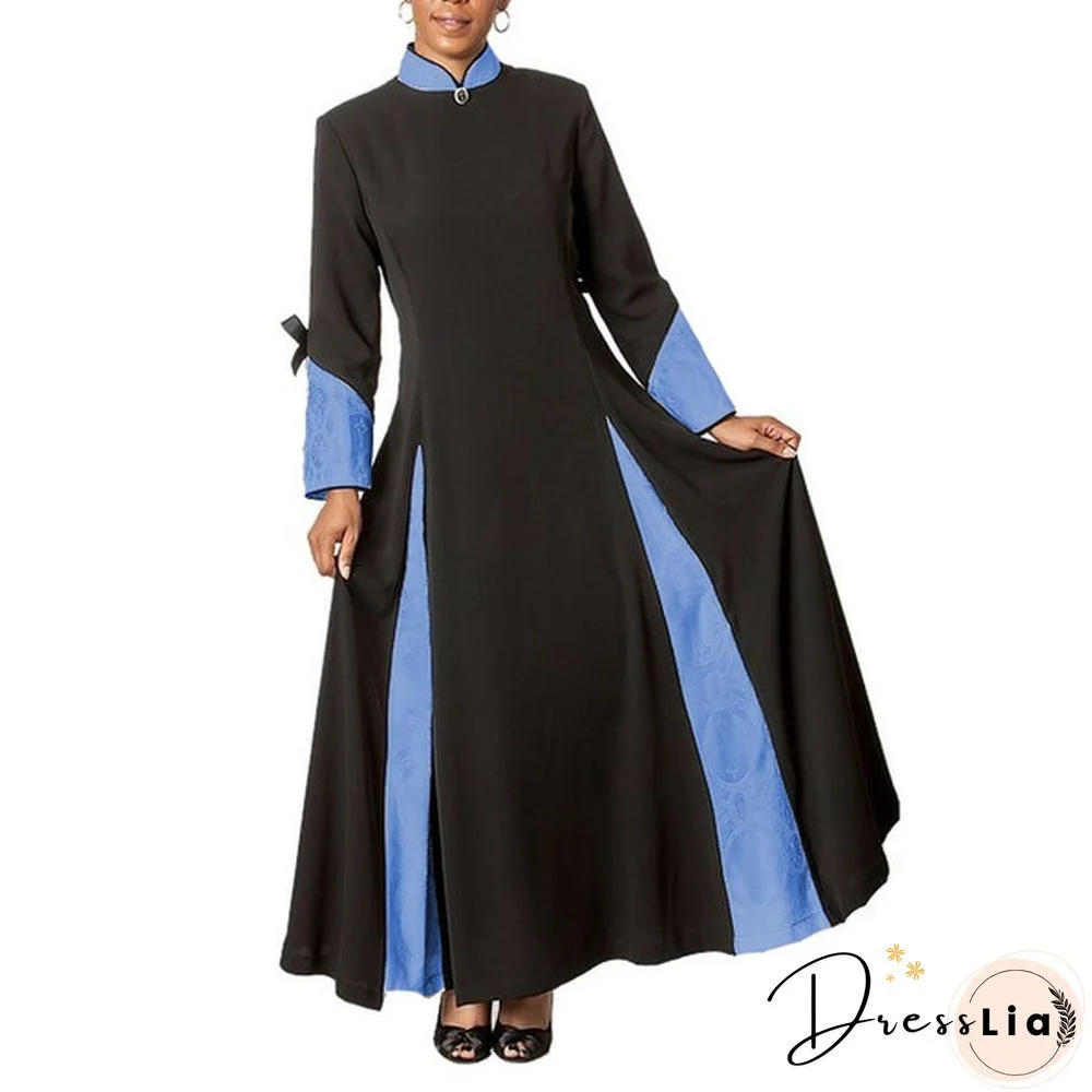 Church Women Clergy Dress Fashion Patchwork Long Sleeve Dress Patchwork Fall Winter Dress Stand Collar Pleated Preaching Robe
