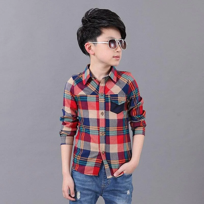 2017 Spring and Autumn Hot Child Shirt Color Lattice Pocket Stitching Boy Shirt 4-13 Year Old Slim Shirt