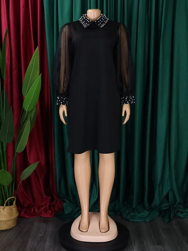 Beads Mesh Solid Color Split-Joint Puff Sleeves Round-neck Midi Dresses