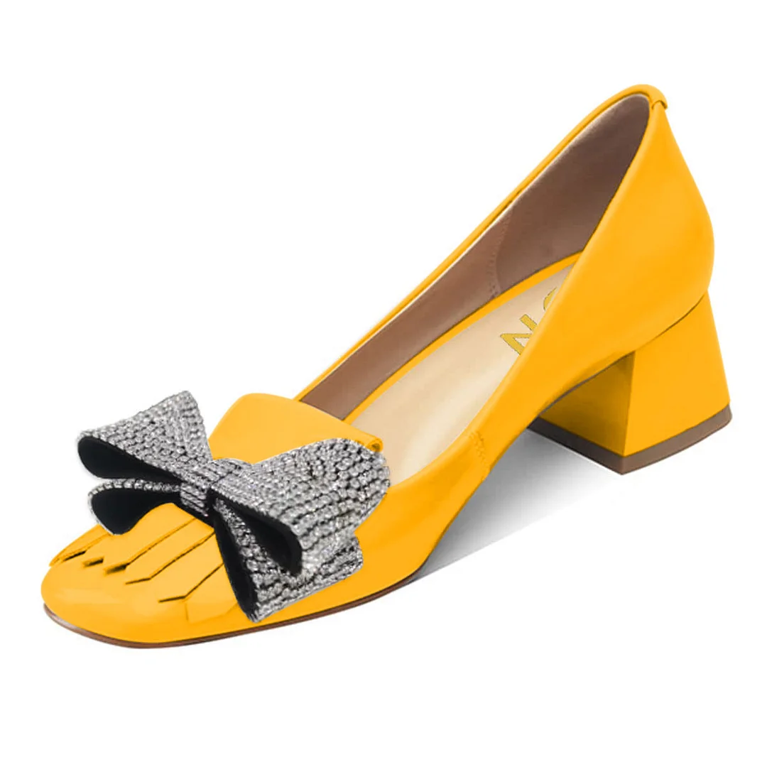 Fringe Square Toe Rhinestone Double Bow Pumps Heels in Yellow
