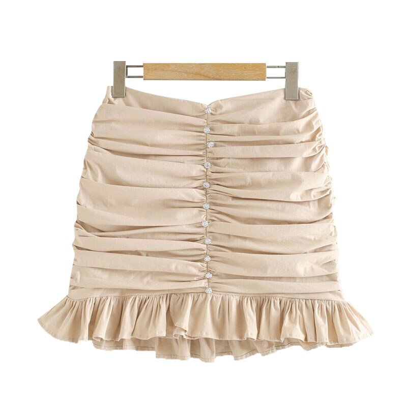 TRAF Women Chic Fashion Appliques Ruffled Pleated Mini Skirt Vintage High Waist Back Zipper Female Skirts Mujer