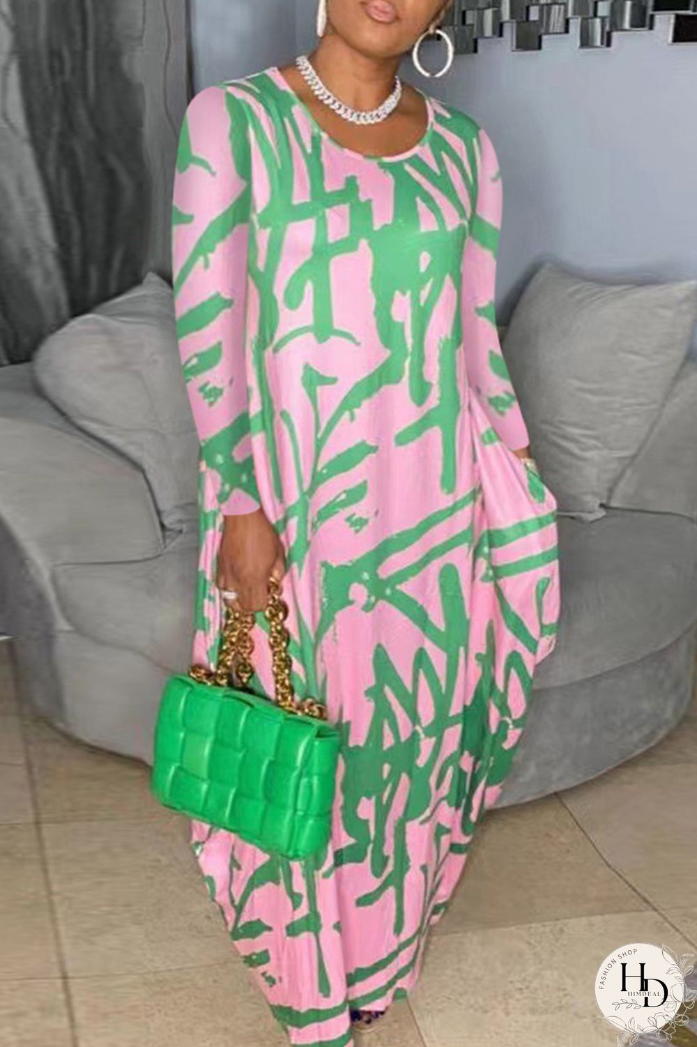 Orange Red Casual Print Patchwork O Neck Long Sleeve Dresses