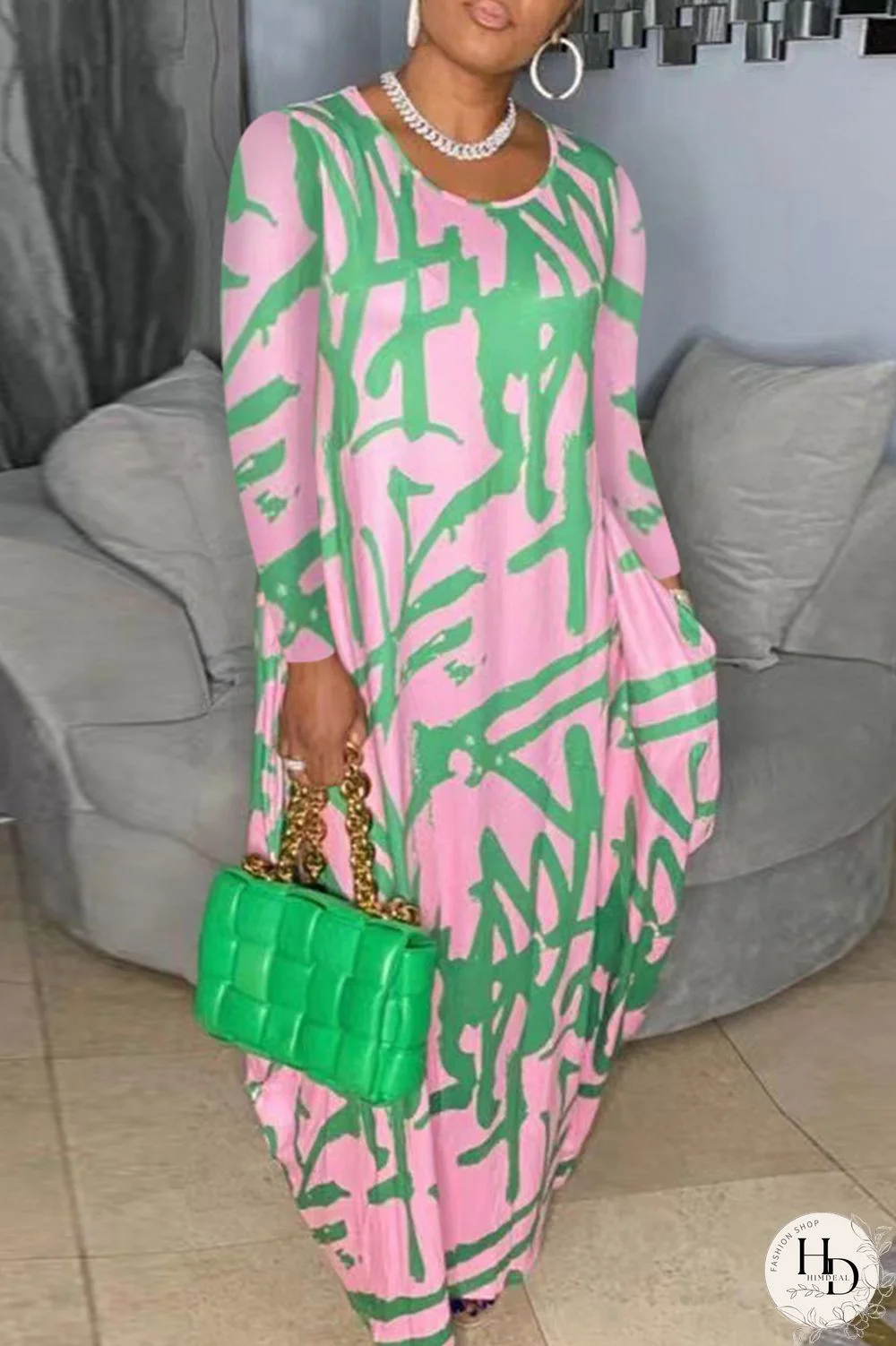 Orange Red Casual Print Patchwork O Neck Long Sleeve Dresses