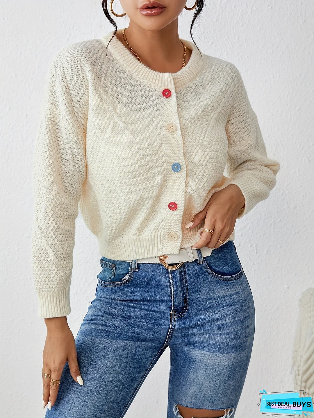 Solid Button Down Knit Cardigan, Elegant Crew Neck Long Sleeve Sweater, Women's Clothing