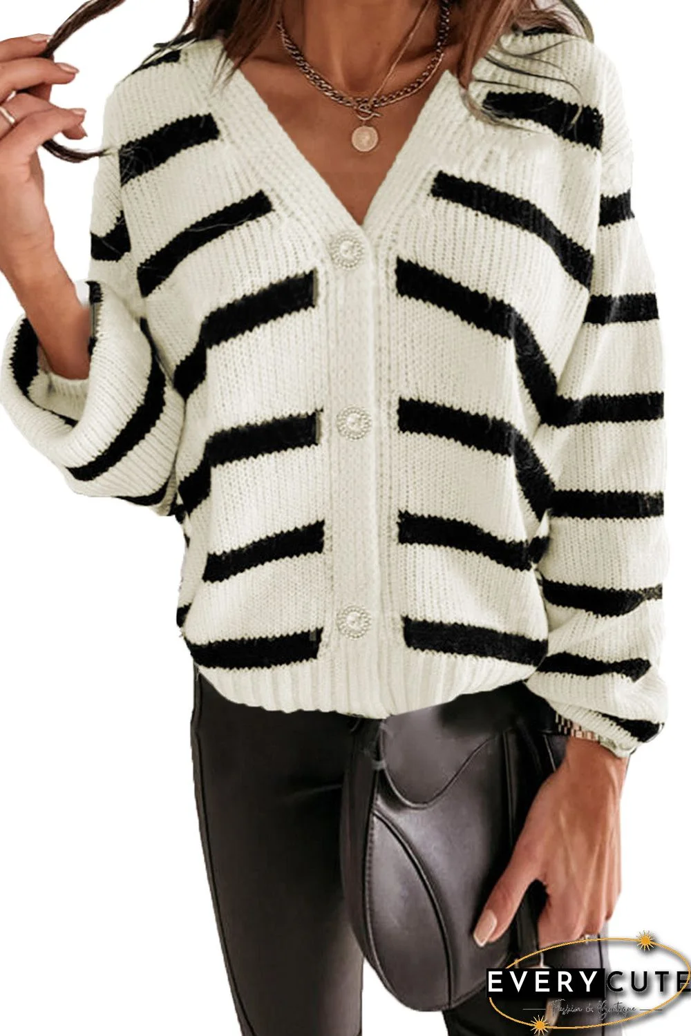 Striped V-Neck Buttoned Open Front Knitted Sweater