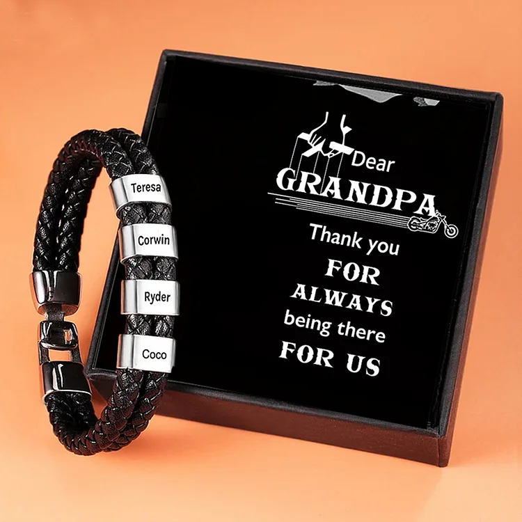 4 Names-Personalized Grandpa Braided Leather Bracelet Card Set, Custom Bracelet Engraved 4 Names Bracelet for Grandpa