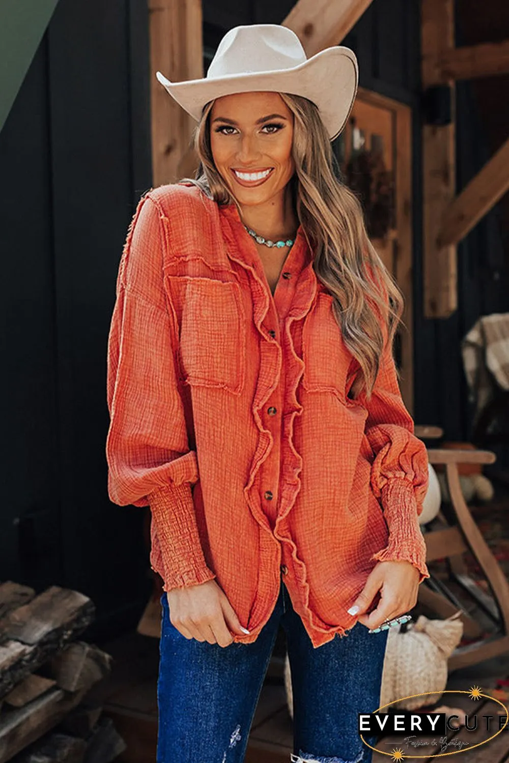 Orange Ruffled Shirred Waffle Knit Pocketed Long Sleeve Shirt
