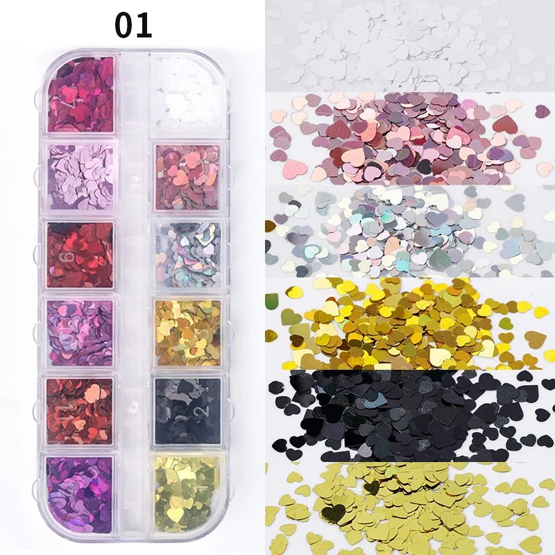 12 Grids Spangles Nail Sequins Aurora AB Nail Flakes Stunning Pailliette Heart Butterfly Spring Sticker Nart Tips Decoration-Nail Inspo