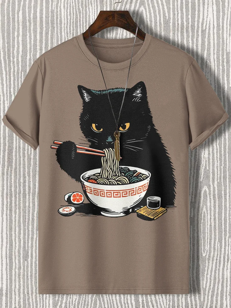 Men's Black Cat Eats Ramen Japanese Art Print Cotton Casual T-Shirt