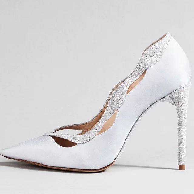 Women's White Glitter Patchwork Pointy Toe Curve Stiletto Heels Pumps |FSJ Shoes