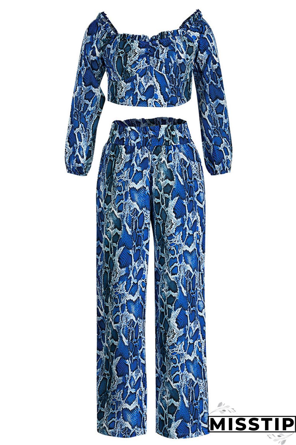 Blue Fashion Casual Print Backless Off the Shoulder Long Sleeve Two Pieces