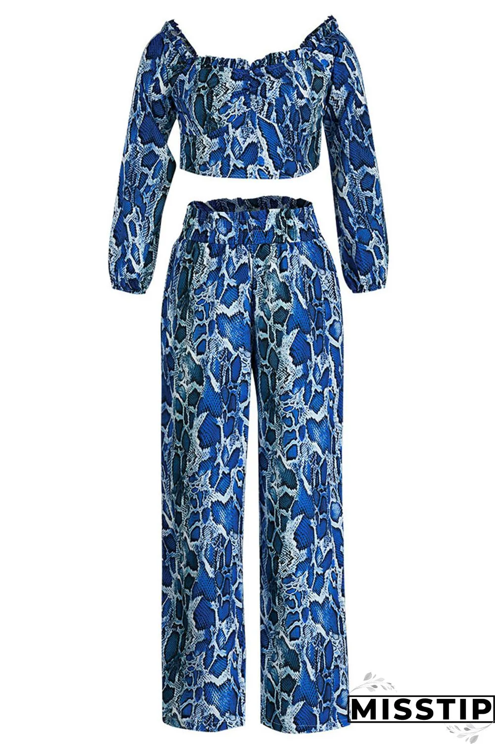 Blue Fashion Casual Print Backless Off the Shoulder Long Sleeve Two Pieces