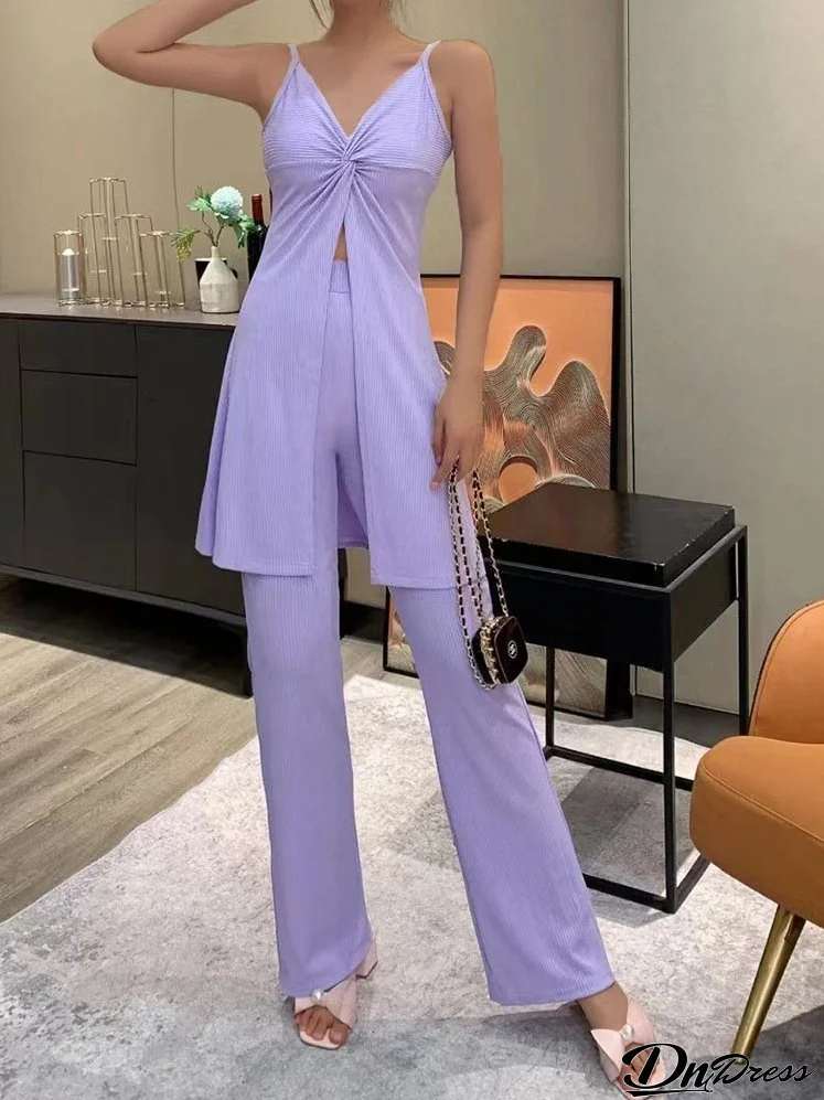 Strap V Neck Split Top & Straight Pants Two Pieces Set