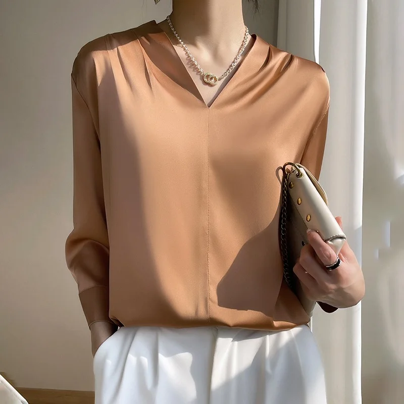 Churchf Churchf 2023 Summer Women's New Satin Shirt V-Neck Simple Nine-Minute Sleeve Temperament Versatile French Jacket