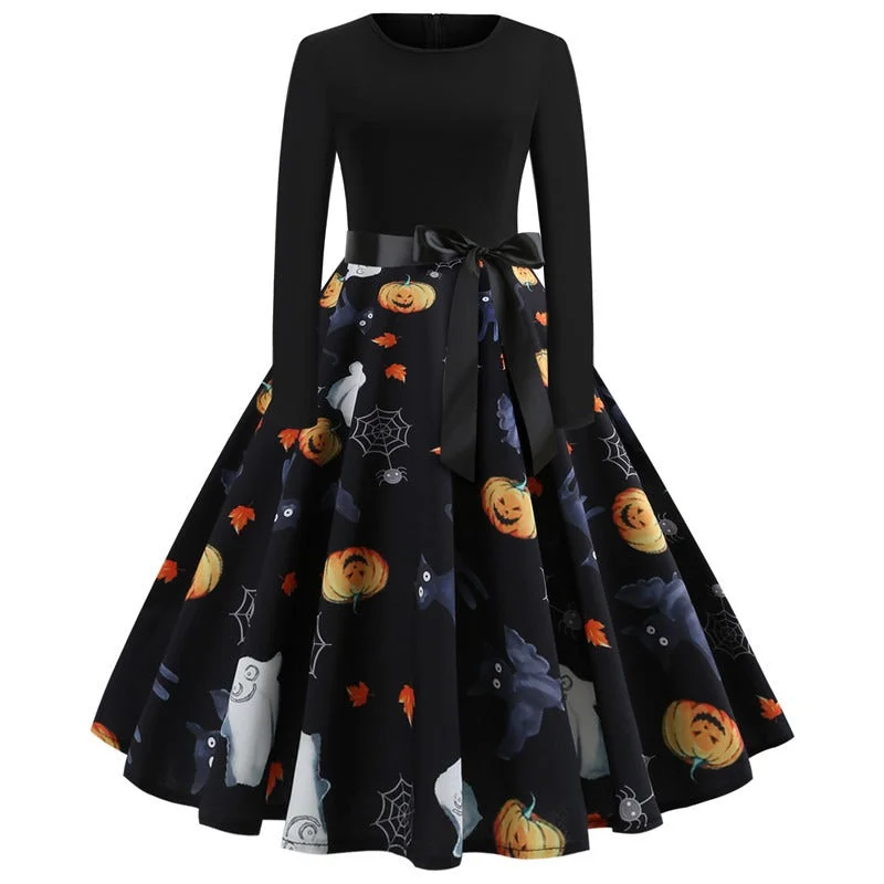 Womens BeltSkeleton Pumpkin Printed Cosplay Party Costume Halloween Party Cocktail Swing Dress