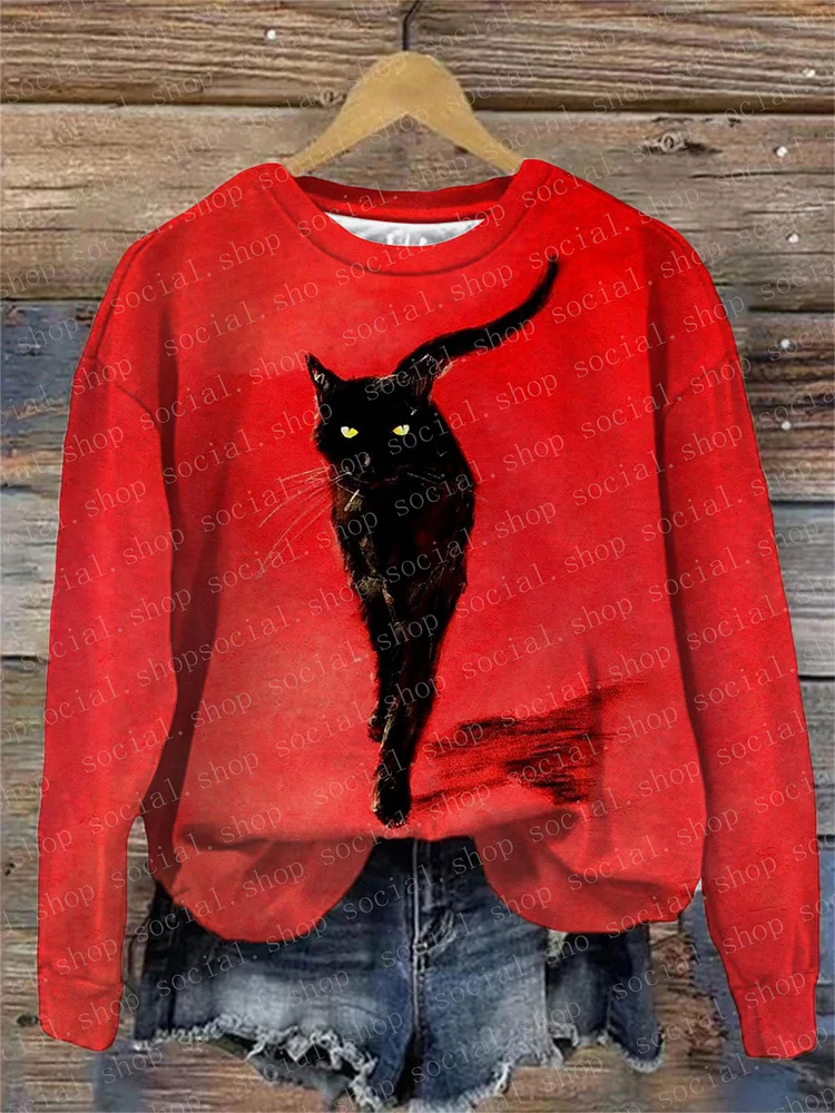 Halloween Women's Walking Black Cat Crew Neck Sweatshirt socialshop