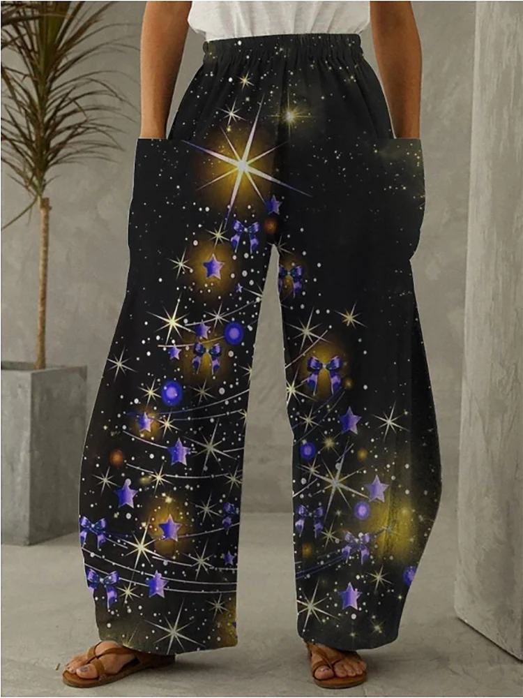 Christmas Style Printed Casual Stretch Waist Loose Wide-Leg Trousers
