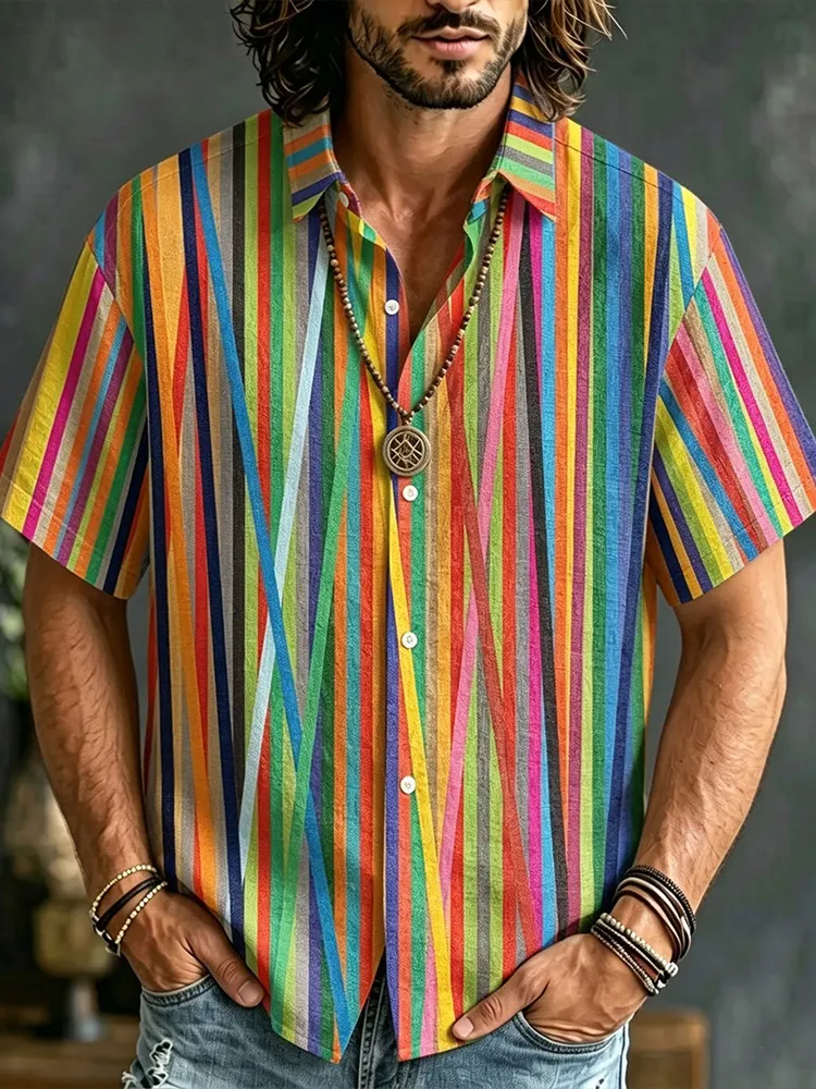 Men's Hippie Bright Rainbow Striped Short-sleeved Button Shirt