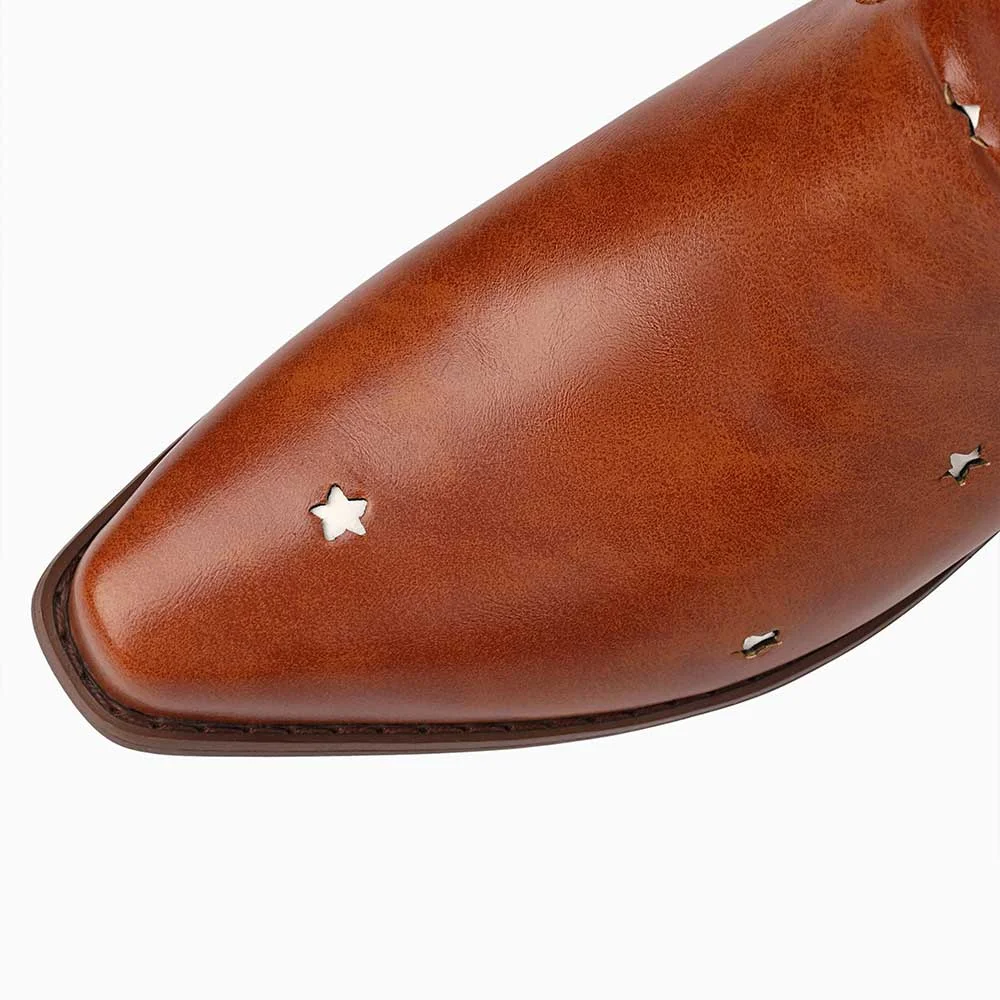 Brown Square Toe Chunky Heel Pull On Star Hollow-Out Cowgirl Boots