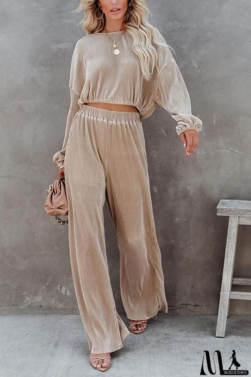 MidiSono - Pleated Crop Blouse Wide Leg Pants Set