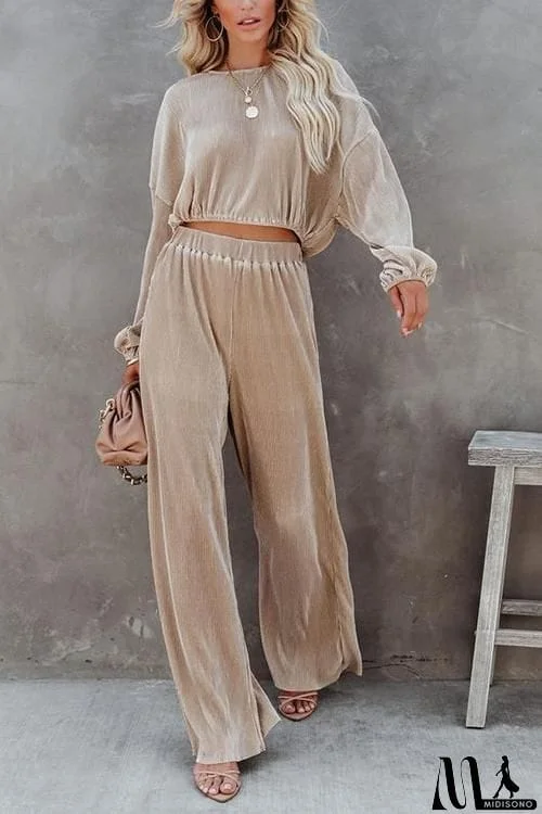 MidiSono - Pleated Crop Blouse Wide Leg Pants Set