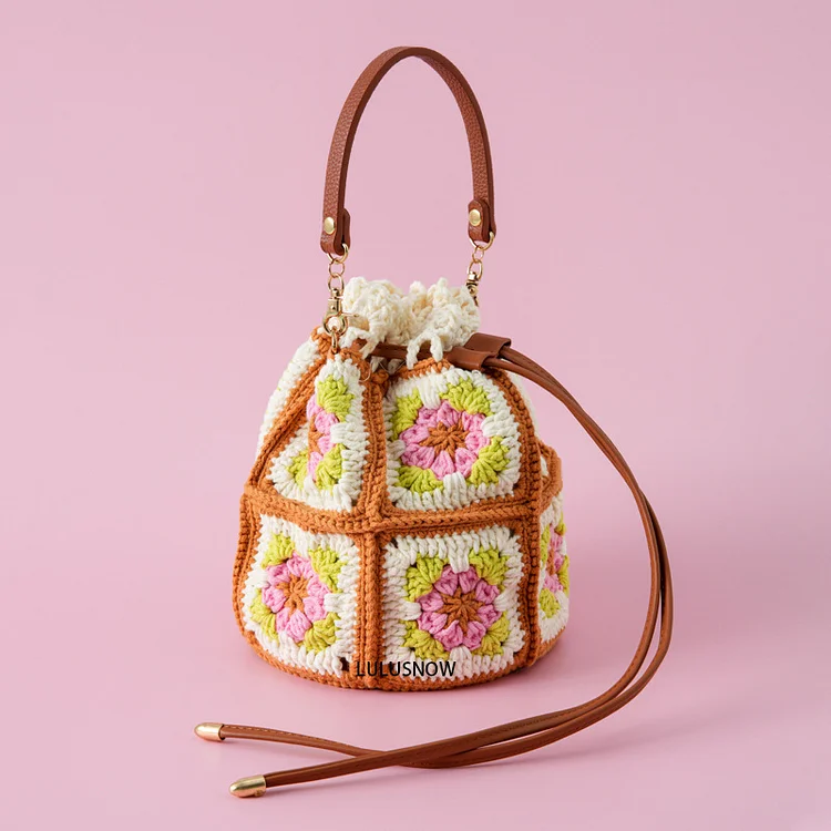 Lulusnow Handmade Sweet Pink Granny Square Bucket Bag Gift Christmas/Valentine's/Easter Crochet Hand Bag