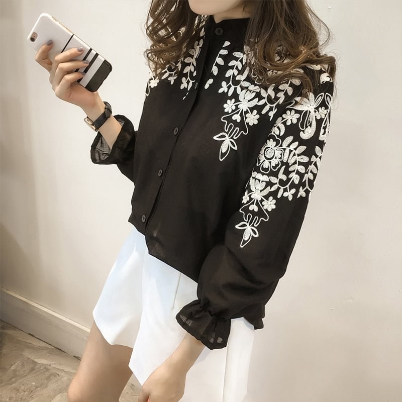 Embroidery Korean Blouse 2020 Fashion Flower Female Clothing Shirt Cotton Embroidered Tops Korean Style Fresh shirt 529E 25