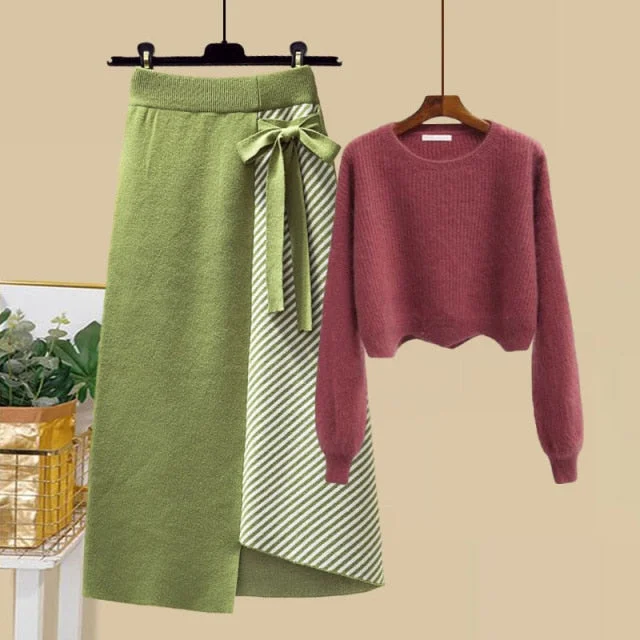 S-4XL Plus Size Warm Long Sleeve Knitted Sweater and High Waist Skirt Set SP16855