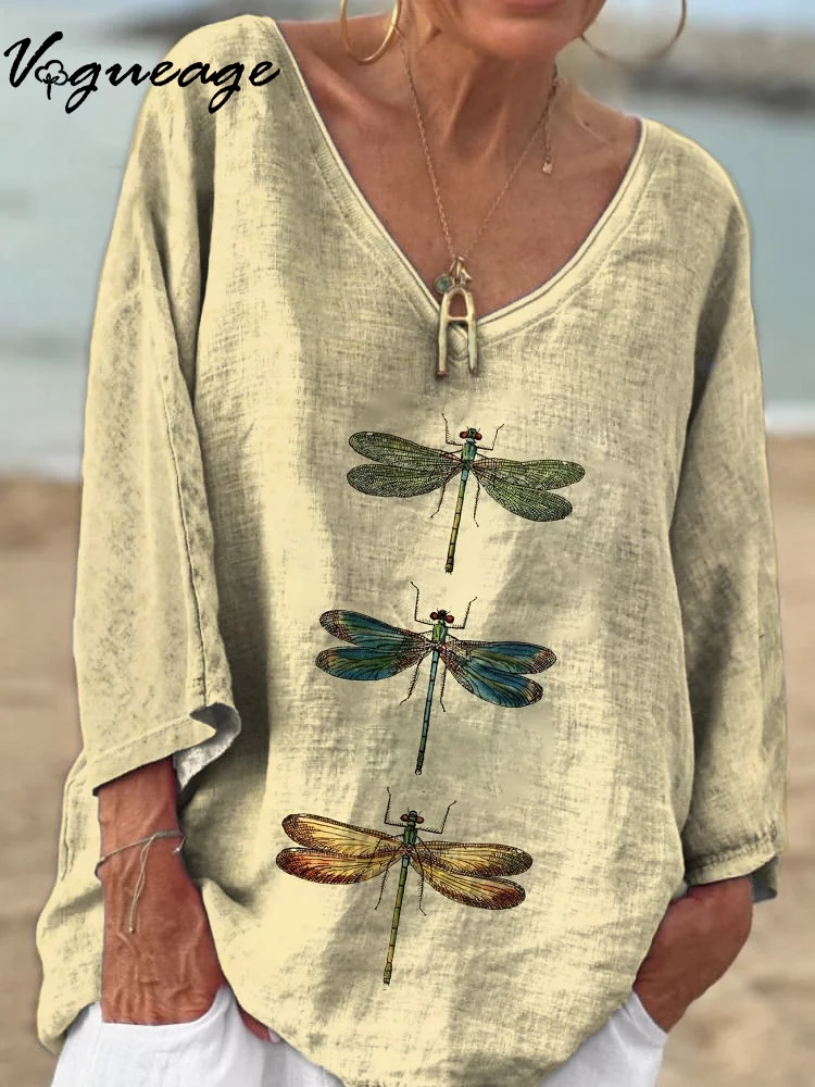 Fashion Casual Simple Dragonfly 3/4 Sleeves Printed Cotton And Linen Shirt