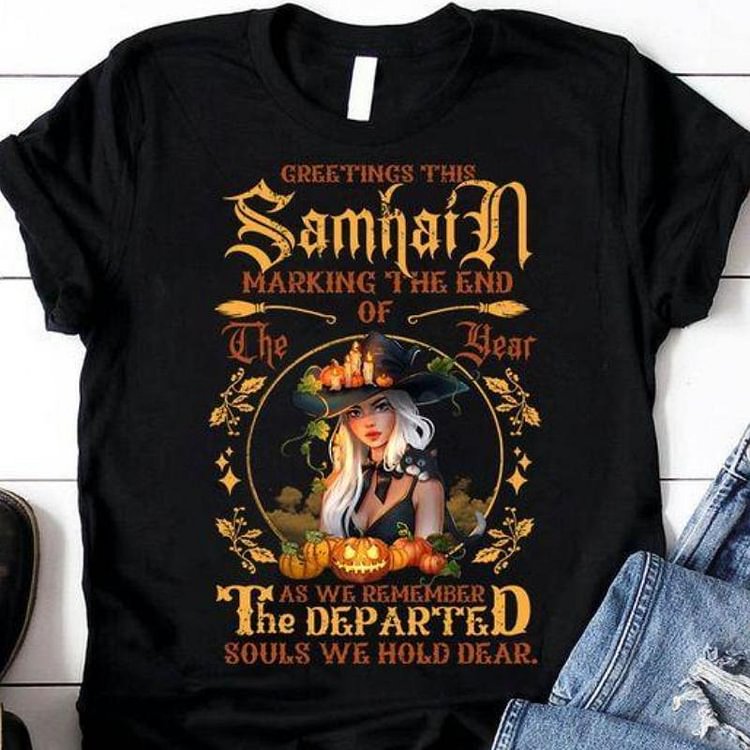 Samhain Text And Witch Printed Halloween Theme Casual T-Shirt