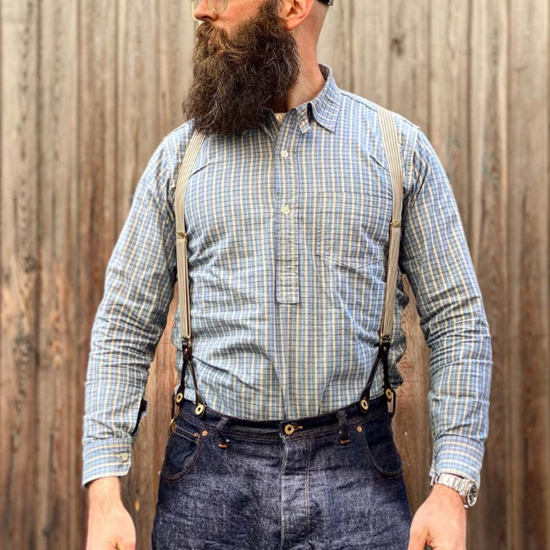 Vintage Classic Blue Check Cotton Lapel Top