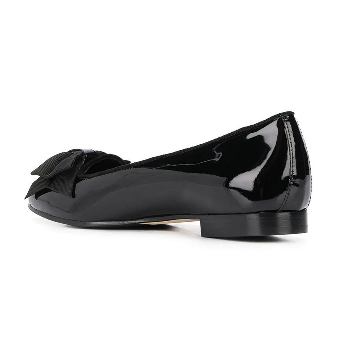 Black Patent Leather Round Toe Slip On Ballet Flats with Bow