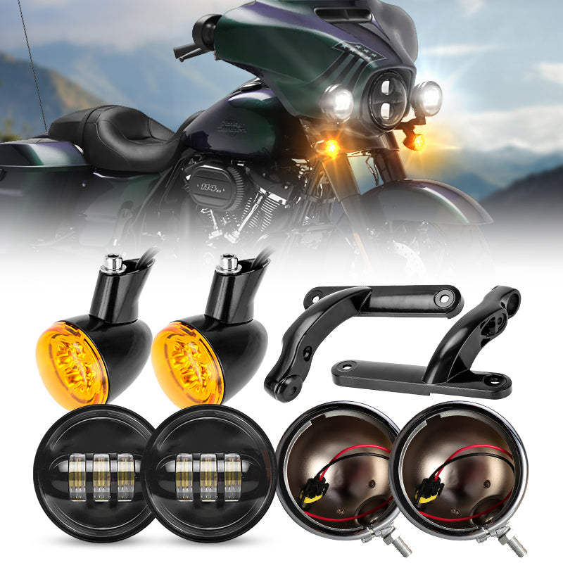 Motorcycle 4.5'' LED Fog Lamp + Housing Cover + Mounting Brackets + LED Turn Signal Lights for Harley Davidson