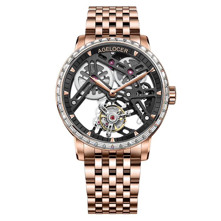 Agelocer Tourbillon Men's Hollow Mechanical Watch - Gloden Steel Strap Diamond Watch