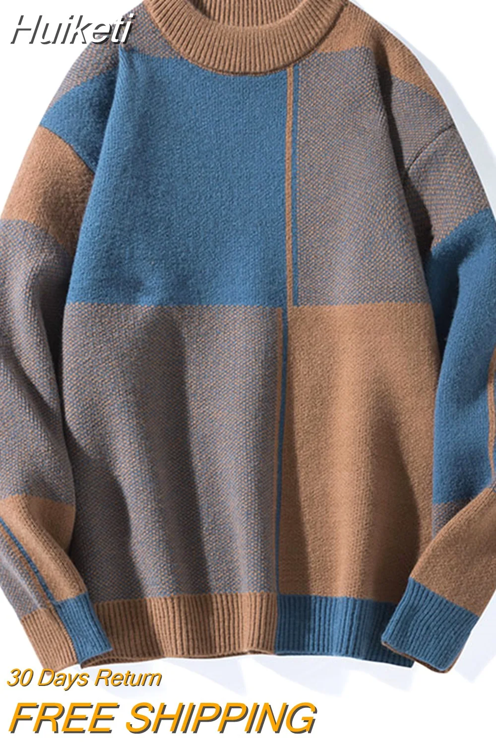 Huiketi Causal Sweater Men Warm Half Turtleneck Pullover Knitted Sweater Men Fashion Patchwork Knitting Pullovers Loose Sweaters