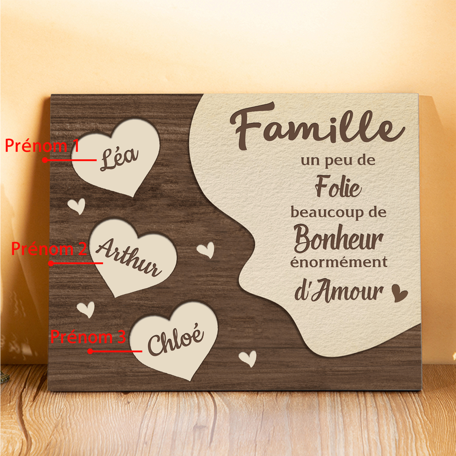 Cadre en Bois Cœur 3 Prénoms Personnalisés pour Famille