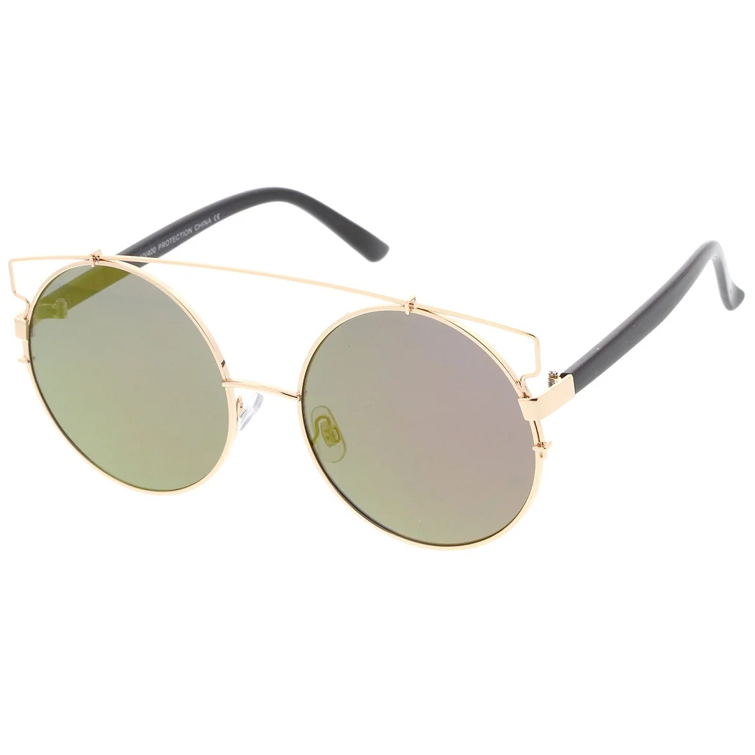 Oversize Metal Frame Horn Rimmed Crossbar Mirror Flat Lens Round glasses 62mm