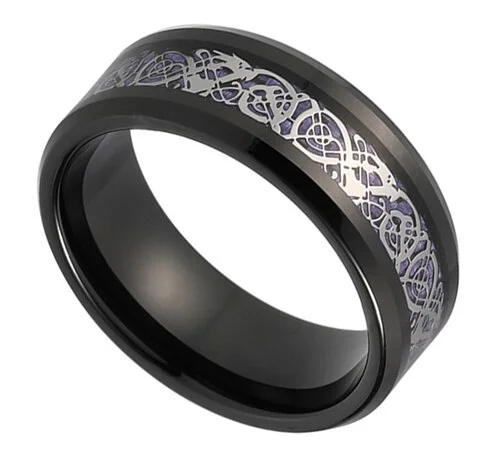 6MM 8MM Women or Mens Tungsten Carbide Wedding Ring Black Resin Inlay with Purple and Silver Celtic Dragon Knot