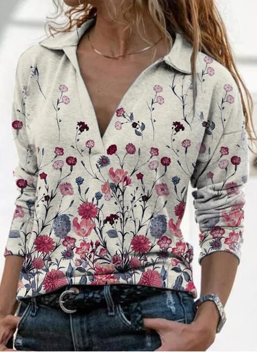 Floral V-Neckline Long Sleeve Blouses