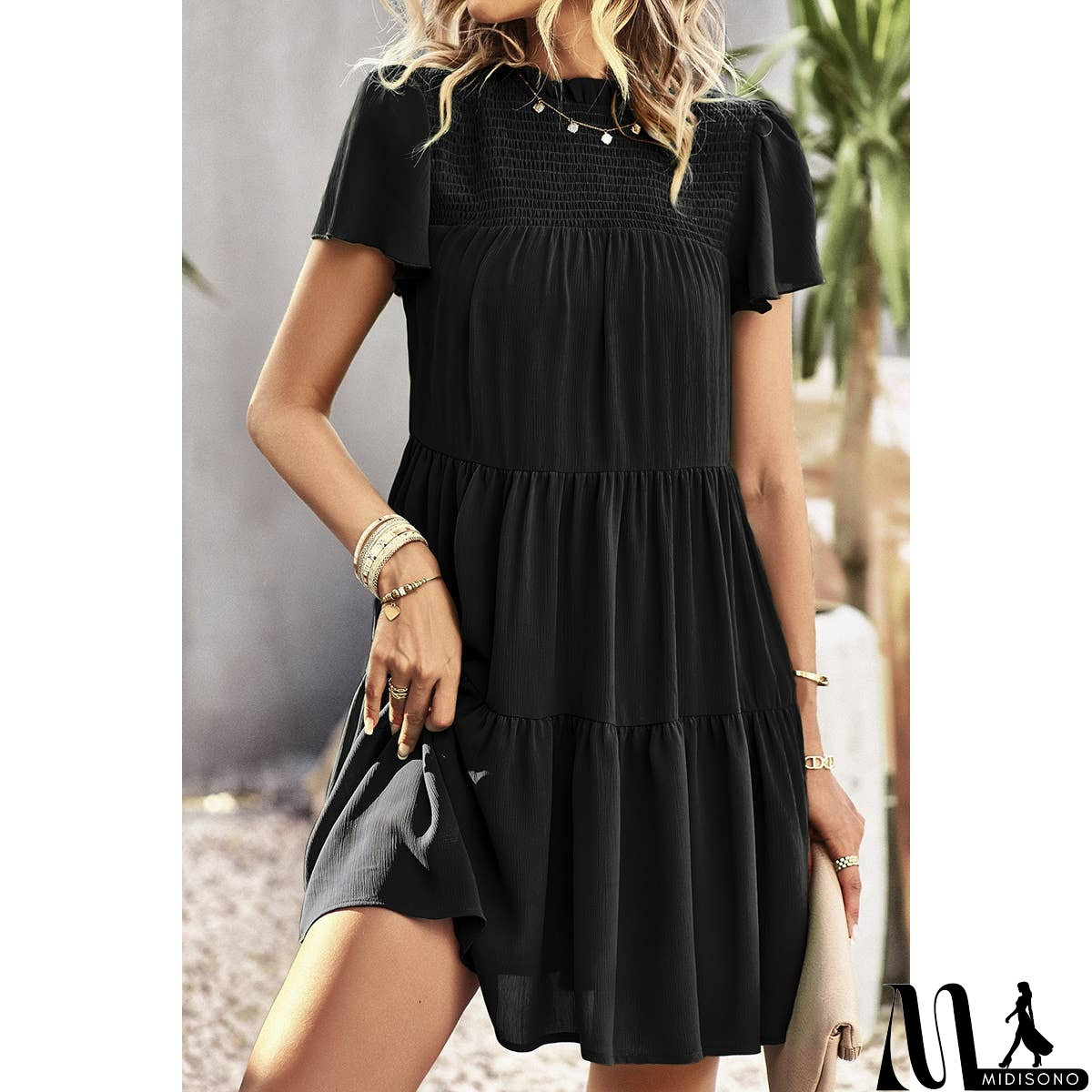 MidiSono - Loose Fit Solid Ruched Color Block Dress