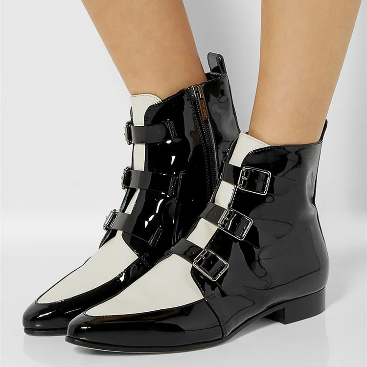 Black and White Buckled Round Toe Ankle Booties Vdcoo