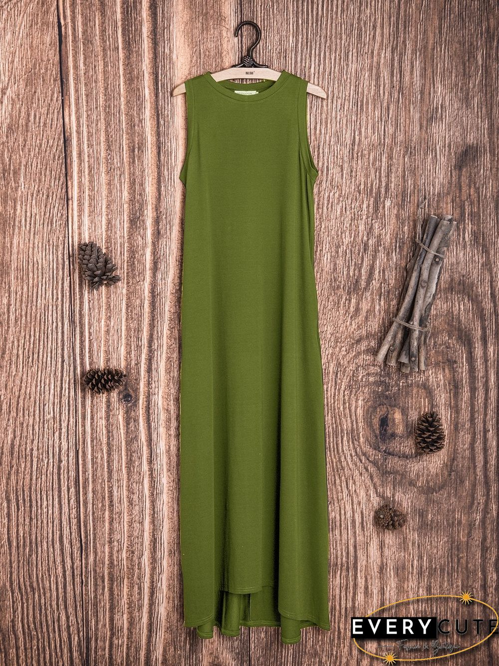 Cotton-Blend Solid Sleeveless Crew Neck Casualdress