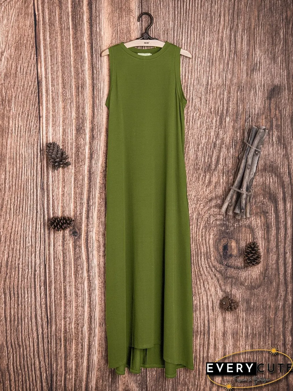 Cotton-Blend Solid Sleeveless Crew Neck Casualdress