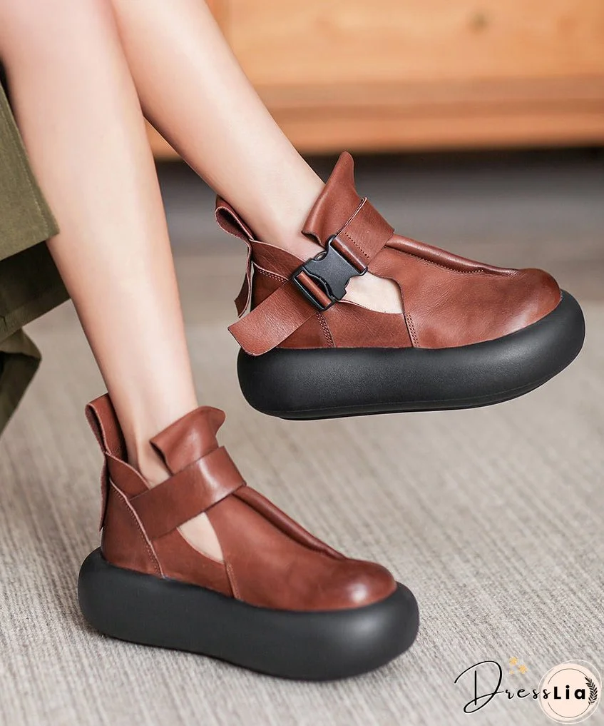 Soft Brown Cowhide Buckle Strap Splicing Leather Loafer Shoes